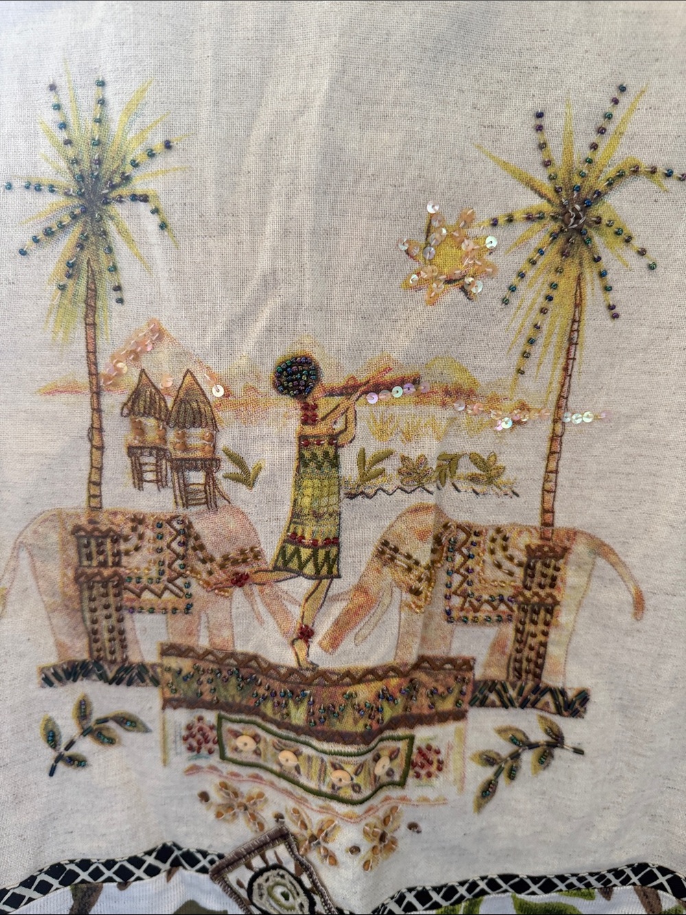 Embroidered Tropical Linen-Blend Button Top in Natural & Olive